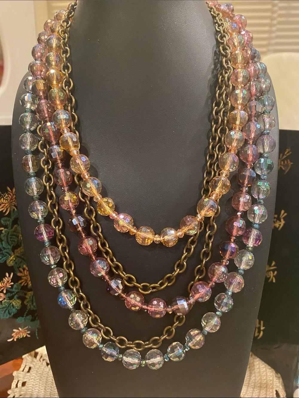 Vintage AB Iridescent Multi-Color Beaded Layered Necklace